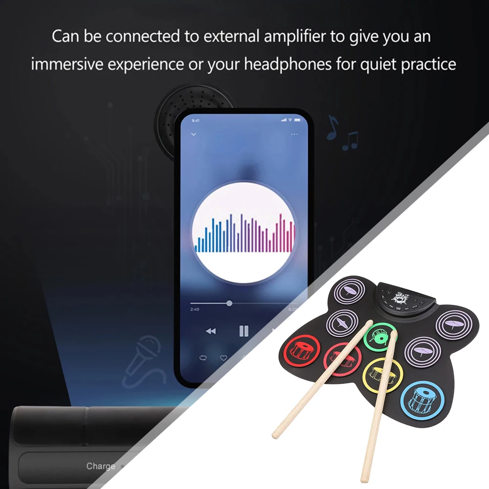 Roll Drum 9 Pads Pad Digital Drum Kit Pedal Controller with Drum Sticks Touch Sensitivity Great Holiday Birthday Gift for Kids