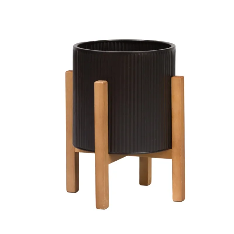 

Black Mid-Century Modern Planter with 4-Leg Wood Base