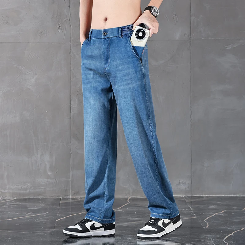 Men's Jeans Summer Thin Lyocell Business Classic Straight Denim Trousers Stretch Size 28-38