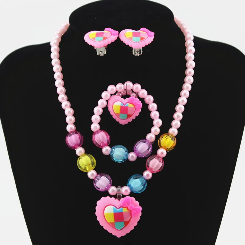 Imitation Pearls Beaded Jewelry Set Baby Girls Lovely Heart Necklace Heart Stud Earrings Kids Children Party Jewelry Gift 1