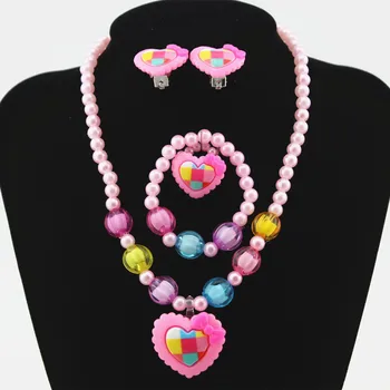 Imitation Pearls Beaded Jewelry Set Baby Girls Lovely Heart Necklace Heart Stud Earrings Kids Children Party Jewelry Gift 1