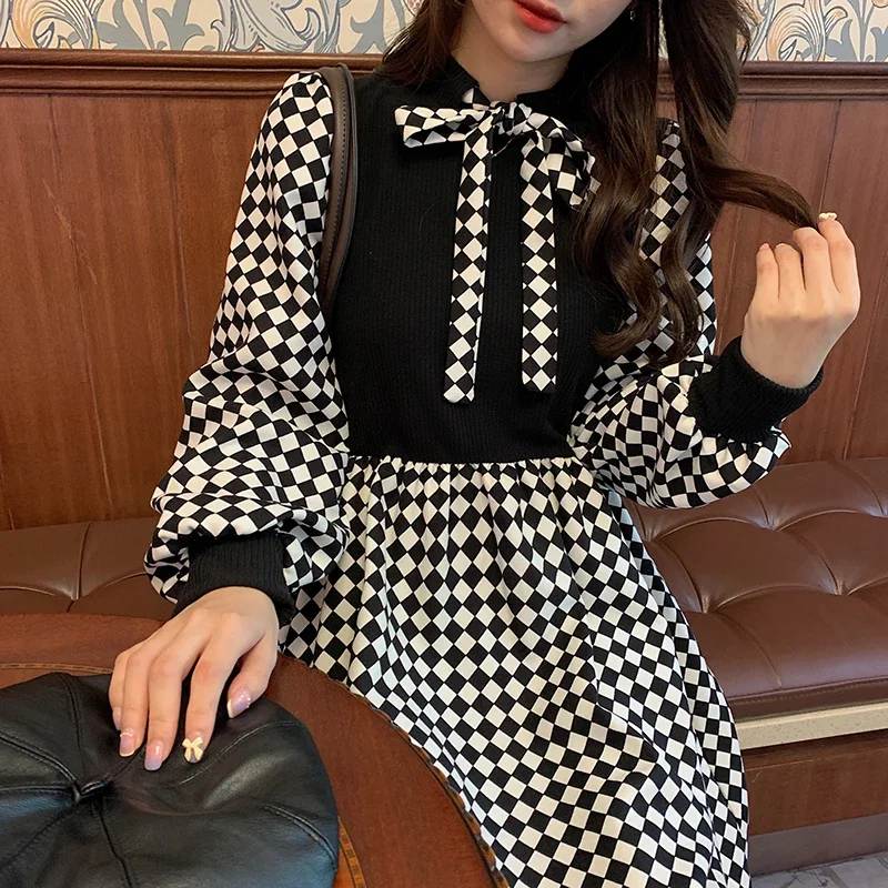 

autumn winter Houndstooth elastic waist oversized Leisure black dresses korean Ladies Long Sleeve corduroy Dress Women Vestido