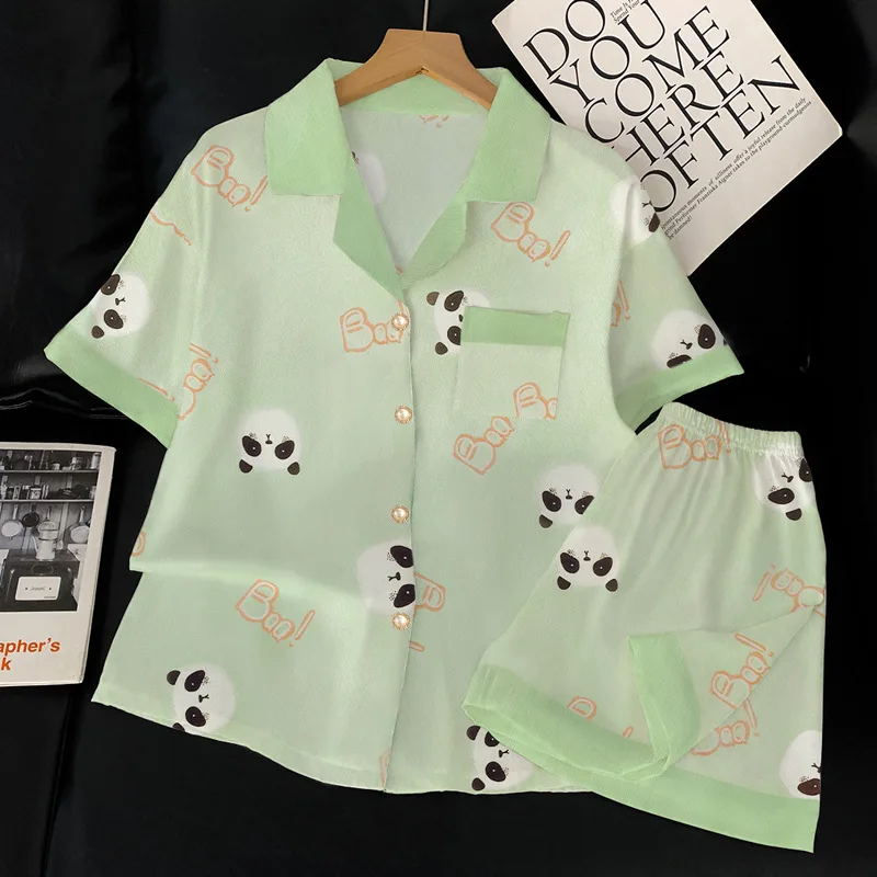 Summer Women's Ice Silk Fashion New Cartoon Pajamas Homewear Set Girls Color Collision Lapel Short-Sleeved Casual Homewear Set 26 Summer Women's Ice Silk Fashion New Cartoon Pajamas Homewear Set Girls Color Collision Lapel Short-Sleeved Casual Homewear Set - Image 6