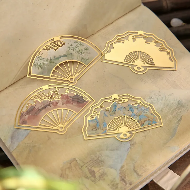 1 Pcs Chinese Style Metal bookmark Fan Shape Book Clip Metal Pagination Mark Student Gift Stationery School Office Supplies
