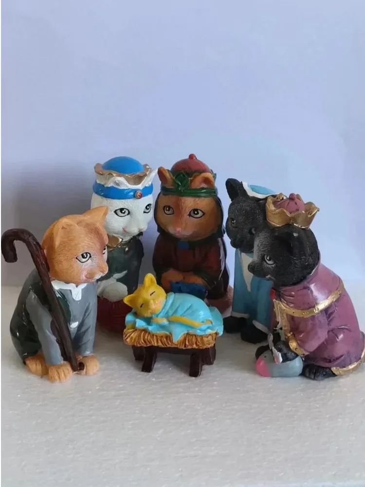 

6pcs/set Nativity Royal Cat Christmas Decoration Resin Crafts Animal Cat Nativity Scene Ornament Collection Home Decor