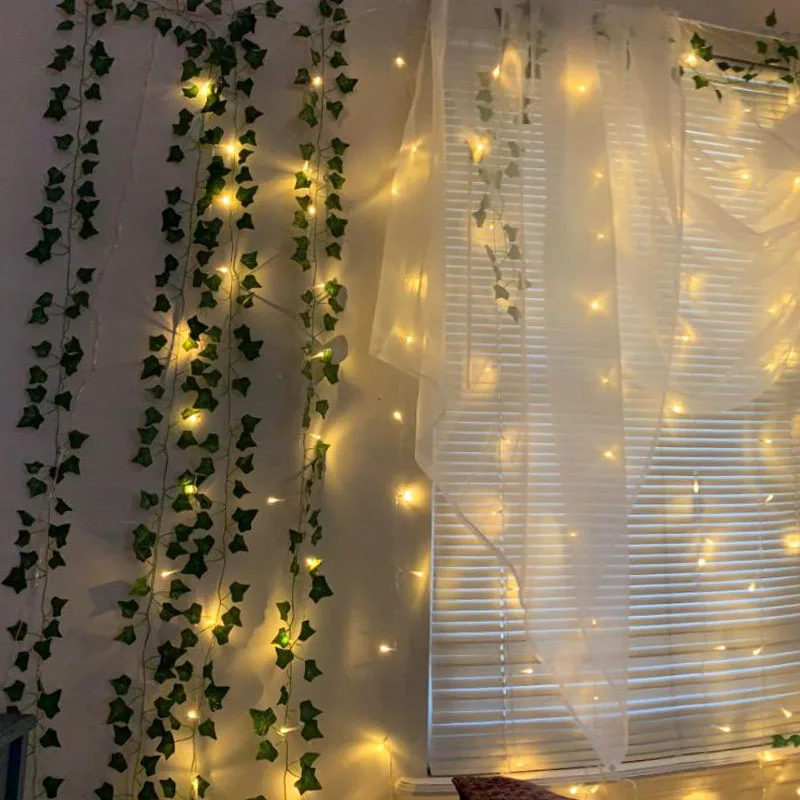 2.3m Artificial Plants Green Leaf Garland With 2m Led String Light Leaf Ivy Vine For Home Decorations Wedding Decor DIY Rattan