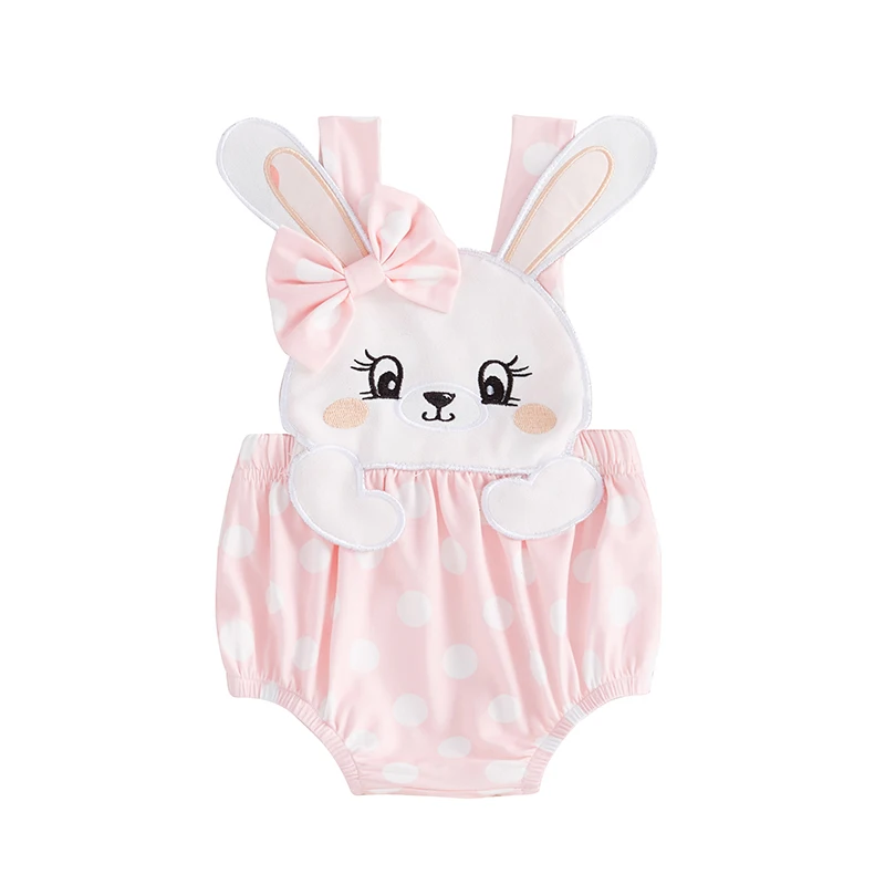 Summer Infant Baby Girl Overall Bodysuit Rabbit Patch Dot Print Sleeveless Jumpsuit