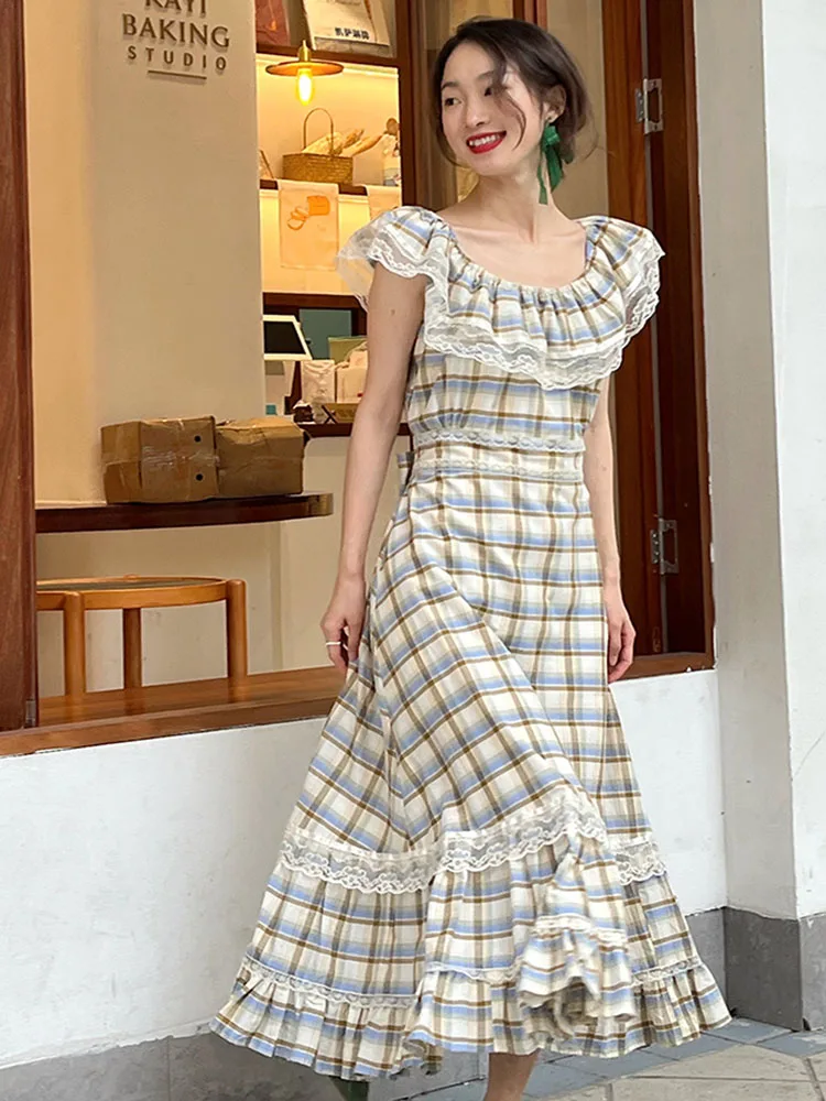 

Summer Plaid Dress For Women Sexy Ruffles Slash Neck Slim Vintage Temperament Casual Long Dress Female Robe