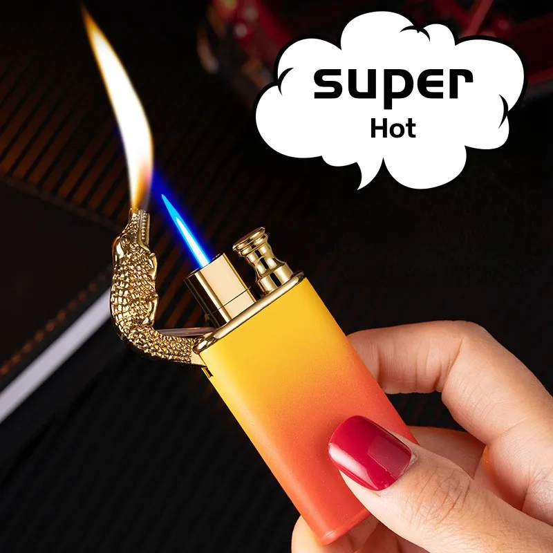 

2023 New Double Fire Crocodile Direct Fire Switch Double Fire Butane Lighter Metal Turbine Gradient Gas Lighters Gift for Lovers