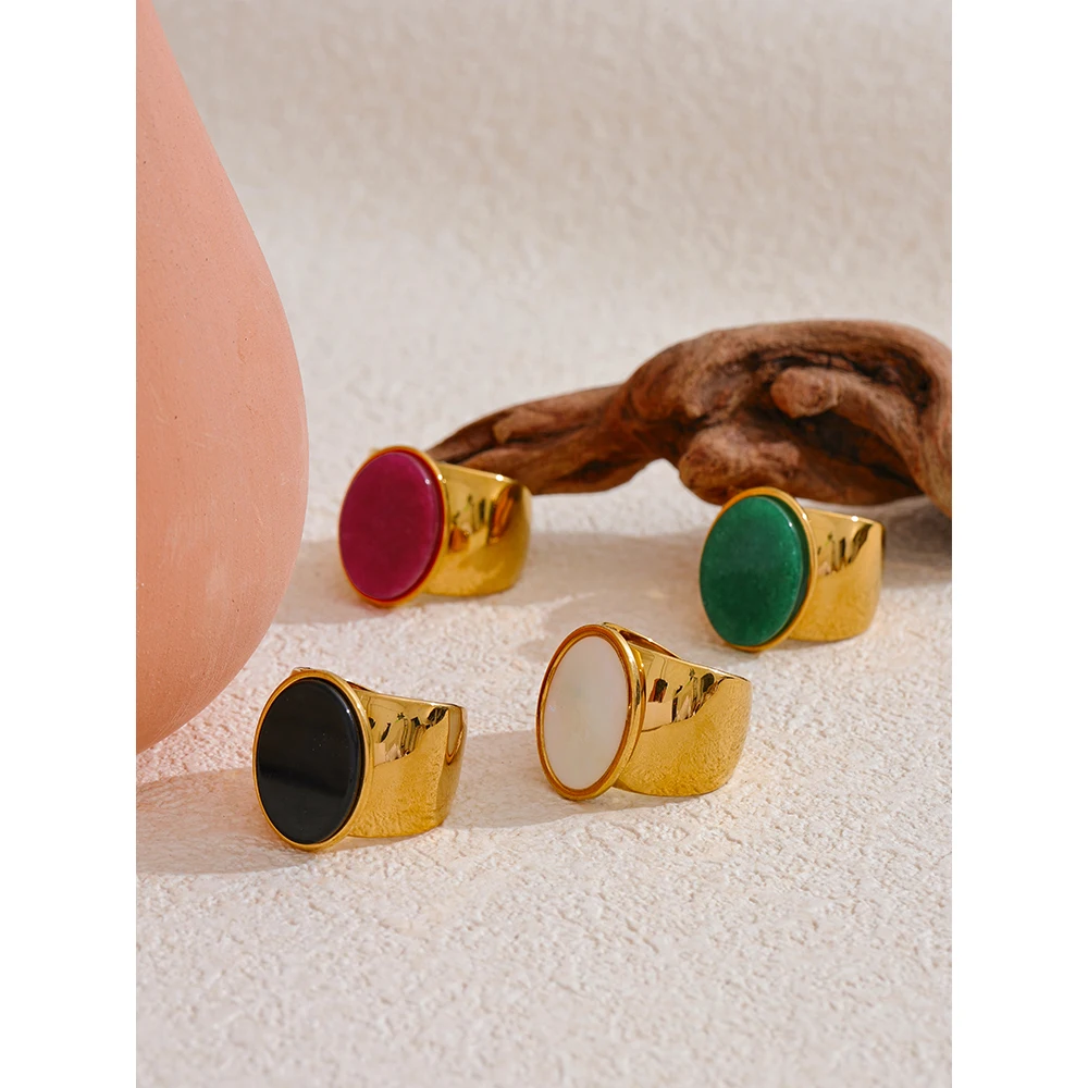 Yhpup PVD Plated Stone Stainless Steel Gold Color Wide Ring