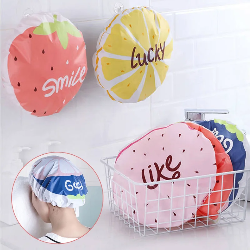 

5pcs Reusable Fruit Pattern Shower Cap Cute Cartoon Bathroom PE Waterproof Hat Universal Thickened Elastic Head Cover Bath Caps
