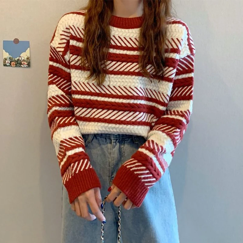 

Autumn Winter Striped Print Long Sleeve O Neck Women Sweater Fashion Harajuku Oversized Pullovers Crop Top New Year Clothing Red