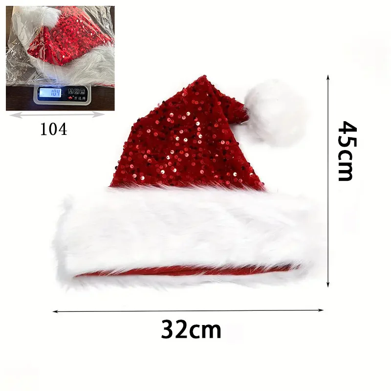 Shiny Sequined New Year Christmas Hat Double-layer Red Santa Claus Caps Plush Fluffy Pompom Xmas Party Beanie Santa Cap Snowman christmas beanie hat