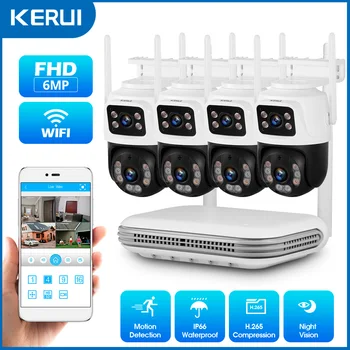 KERUI 방수 6MP HD 무선 듀얼 렌즈 PTZ WIFI IP 홈 보안 감시 카메라 시스템 8CH NVR 비디오 H.265 CCTV 키트