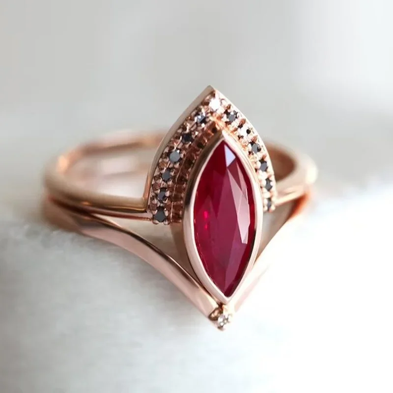 Vintage Bohemian Rhombus 2 in 1 Red Crystal Rose Gold Color Rings For Women Marquise Bridal Fine Ring Wedding Party Jewelry Set ring set gold color rings finger ring gold color ring wedding rings wedding ring jewelry accessories