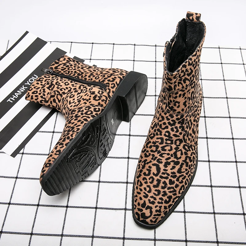 Leopard Print Pattern Mid-Calf Ankle Boots Fashion Cowboy Boots Outdoor Men Original Short Designer Men's Shoes