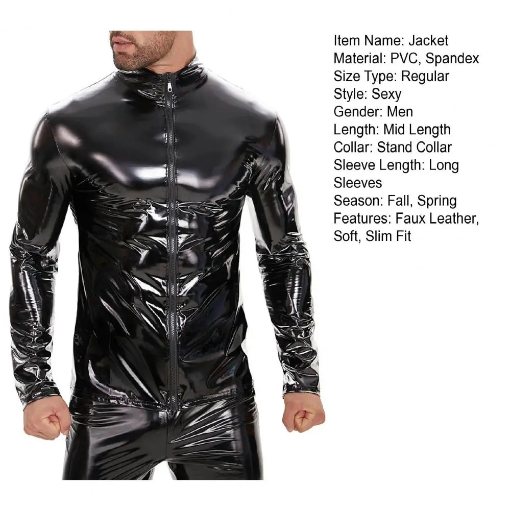Description Picture 3 of itemMen High-gloss Faux Leather Jacket Men's Faux Leather Party Nightclub Jacket with Stand Collar Zipper Closure Smooth for Night