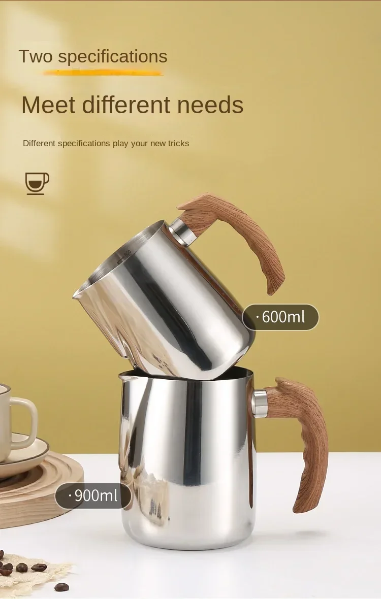 Description Picture 3 of item600/900ML Milk Frothing Pitcher with Precise Scale Wooden Handle Dripless Spout Stainless Steel Latte Coffee Cup Coffeeware