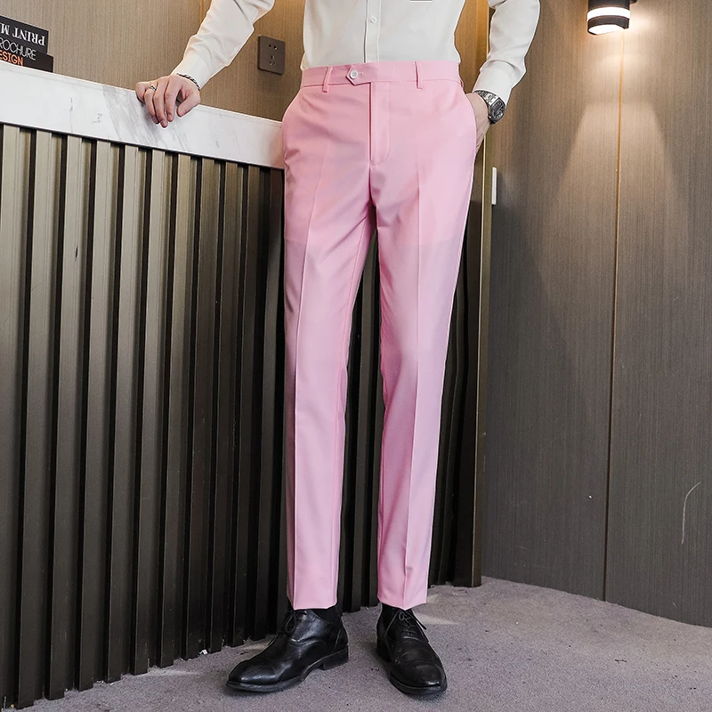 

Solid Color Pants Spring Summer Men Trousers Luxury Versatile Pant Trousers British Pantalon Homme Slim Pant Men Pink Purple Red