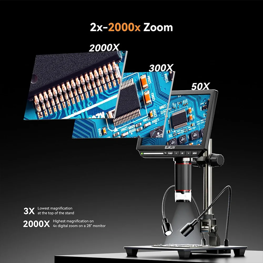 Elikliv 전자 제품용 디지털 현미경, PCB 검사 수리용 납땜 현미경, EM4K 4K HDMI, 10 인치 스탠드, 8 인치 2000X