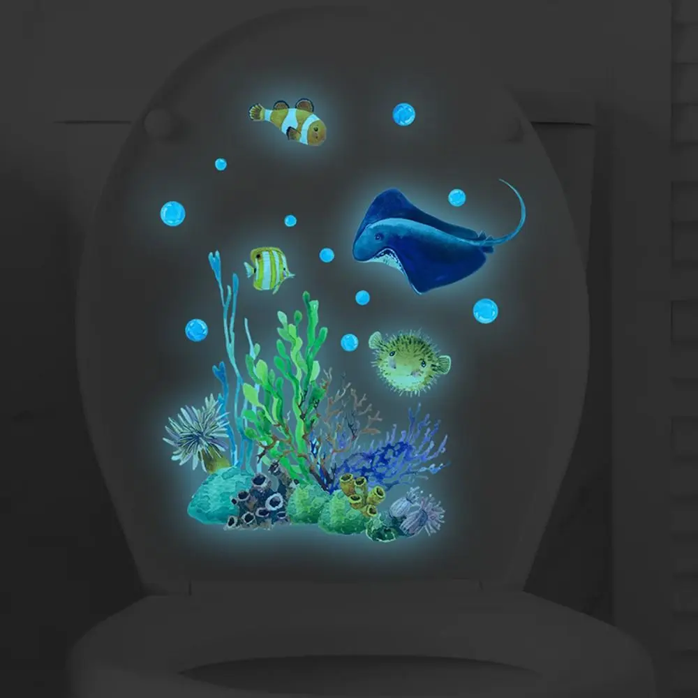 Toilet Stickers Glow in Dark Toilet Stickers Undersea Animal Fish Coral Waterproof WC Toilet Lid Decal Cartoon Funny Cover Sticker