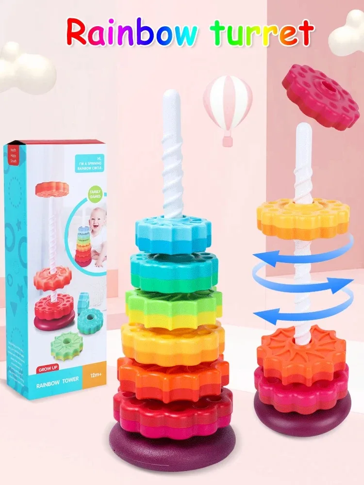 Montessori Children Cognitive Rainbow Circle Tower Early Education Geometric Circle Tower Jenga Toy