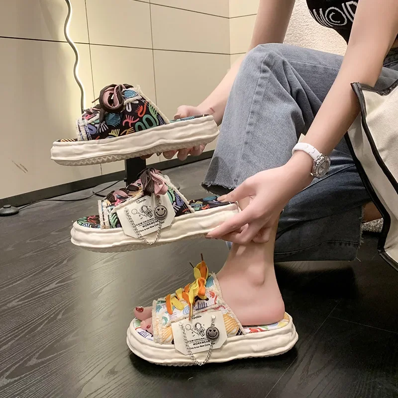 2023 Women Canvas Slippers Summer Denim Lace Up Flat Designer Slippers Outdoor Casual Shoes Ladies Platform Open Toe Sandals