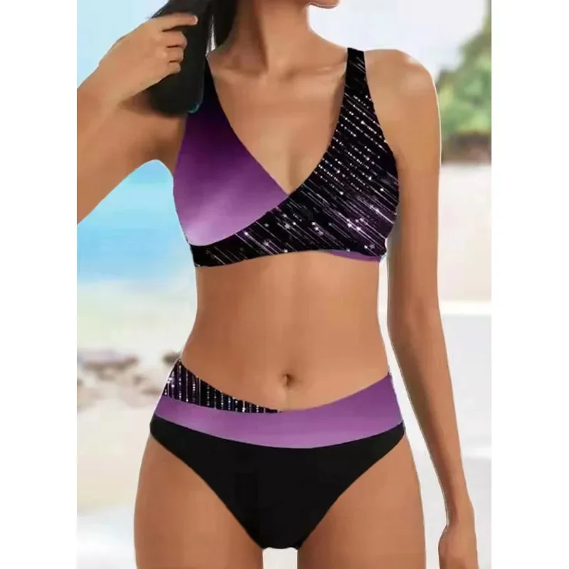 Bikini Swimsuit New Summer Beach Women's Bikini Two Piece Swimsuit Shining Diagonal Rod Print Holiday Lace Up Beach Swimsuit S-5XL