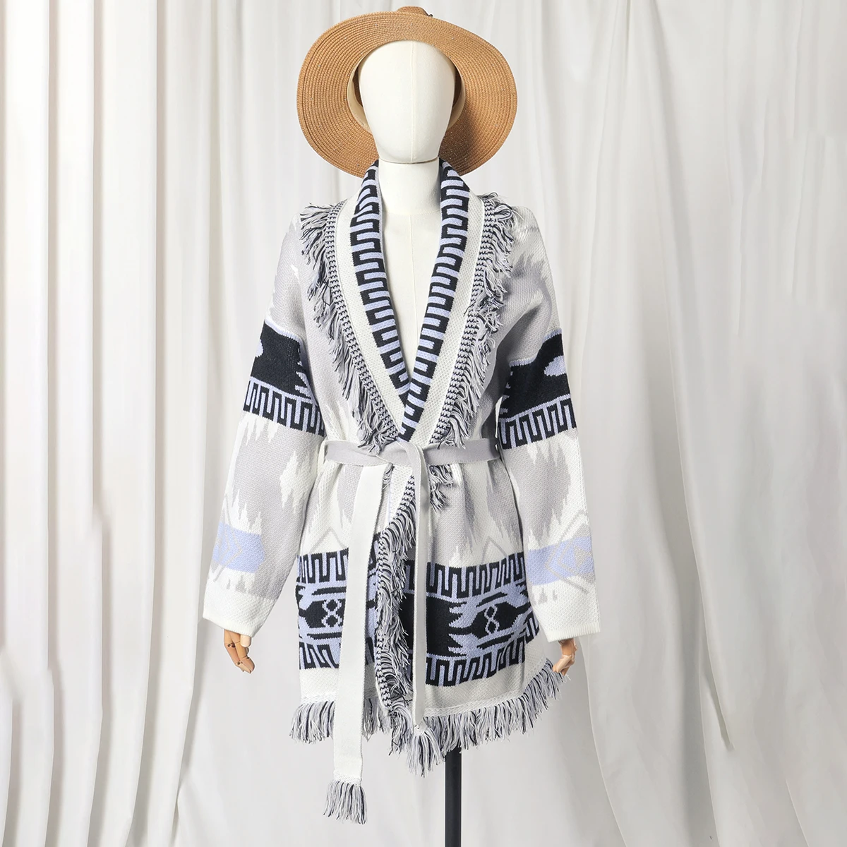 

Jastie 2023 Autumn Winter Lapel Tassels Women Cashmere Cardigan Retro Wram Sweater Cardigan Jacket Lace-Up Waist Wool Sweater