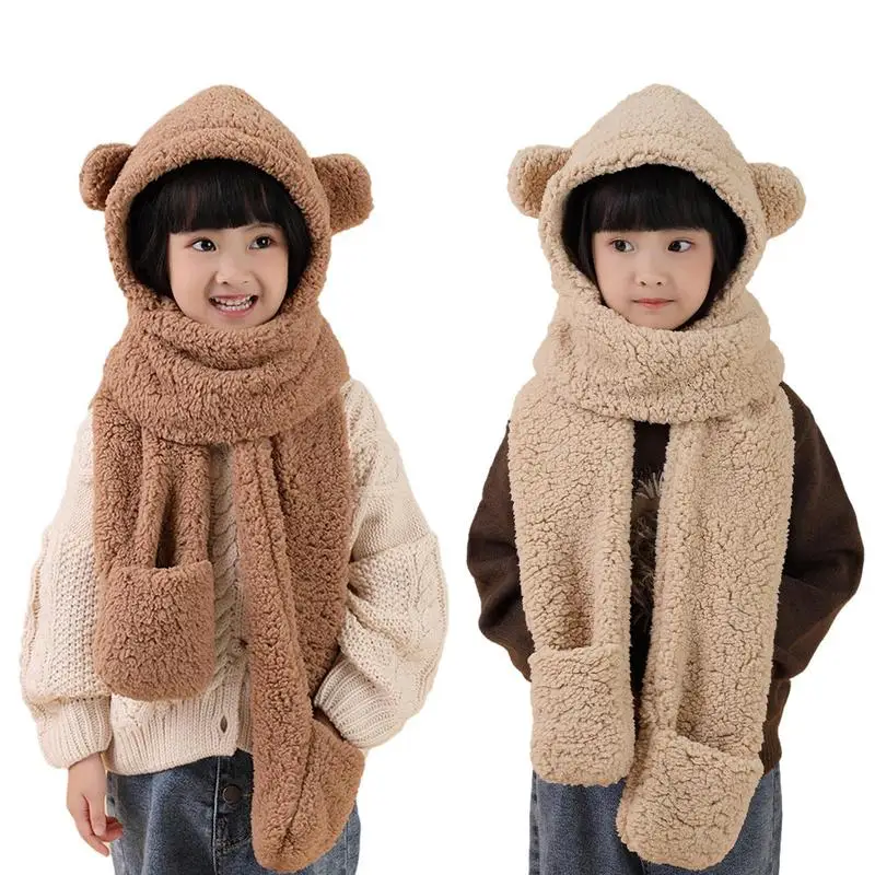 Winter Cartoon Child Hat Scarf Bear Ear Hat Scarf Gloves Set 3 in 1 Keep Warm Casual Plush Hats Thicken Neck