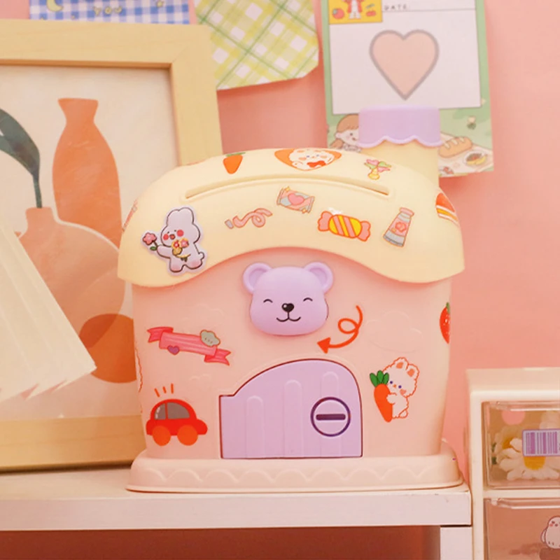 Cartoon DIY Stickers Piggy Bank Kawaii Large Capacity Cute Small House key Piggy Bank Storage Box Holiday Gifts for Kids