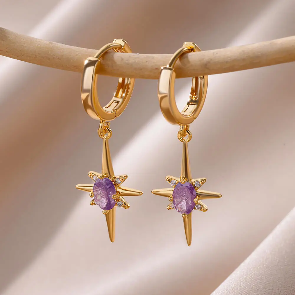 Zircon Point Star Crystal Earrings for Women 18K Gold Plated Stainless Steel