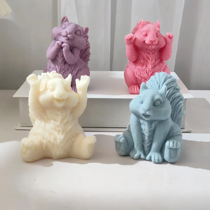 Four Cute Squirrels Candle Silicone Mold DIY Lovely Animal Squirrel Shape Plaster Candle Making Mould Resin Molds Home Decor