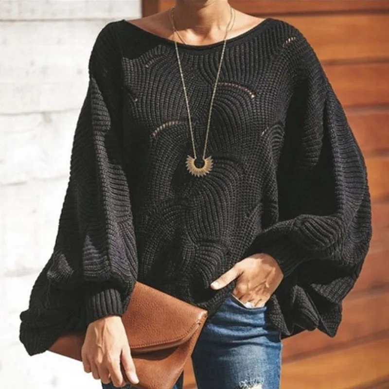 2023 Autumn Fashion Versatile Loose Round Neck Hollow Solid Casual Bat Sleeves Trendy Temperament Mid Length Knitted Women\'s Top