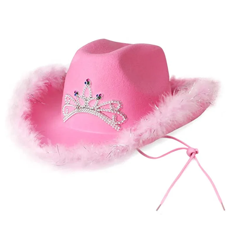 Cappelli da Cowgirl rosa per donna cappelli da ragazza di mucca con collo a  diadema disegna corda accessori da Cowboy in feltro cappello da festa -  AliExpress