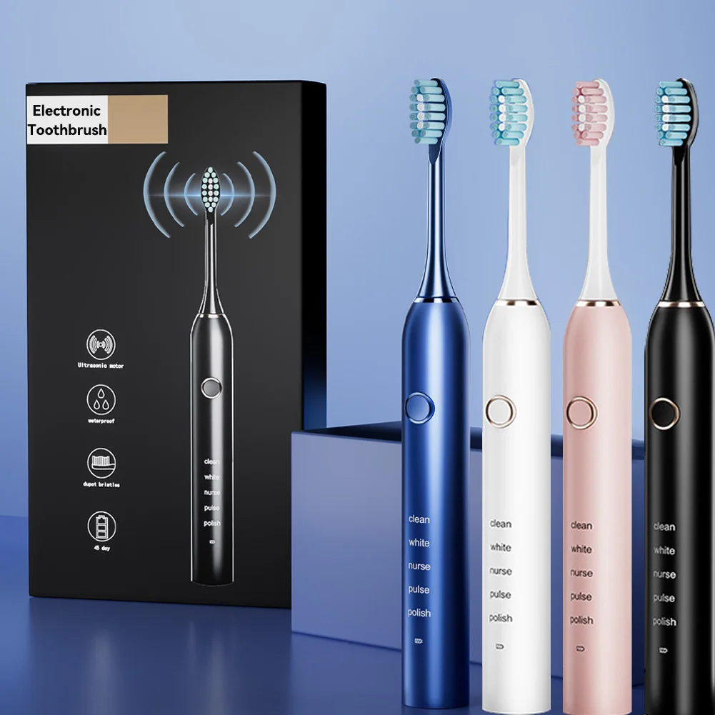 Sonic Electric Adult Toothbrush Rechargeable With 4 Replacement Brush Heads 5 Modes and 3 Intensity 2 Minute Intelligent Timer