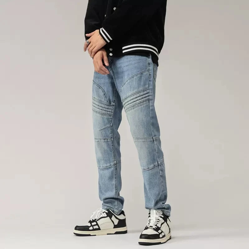 High Street Fashion Men Jeans Retro Light Blue Spliced Designer Biker Jeans Men Elastic Stretch Slim Fit Hip Hop Pants Hombre