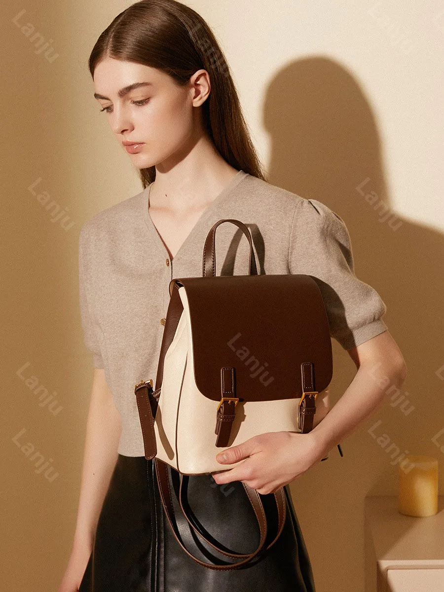 2023 New Backpack Fashion Cowhide Designer Women's One Shoulder Handbag Retro Contrast Color Large Capacity Travel Casual Bag