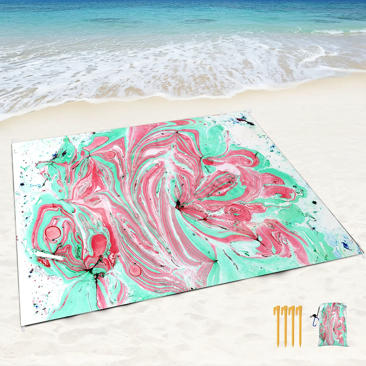 Beach Blanket Waterproof Sandproof,Blue Marble Black Picnic Rugs with Sand Pockets and Stakes,Marbling Outdoor Pad for Seaside 5