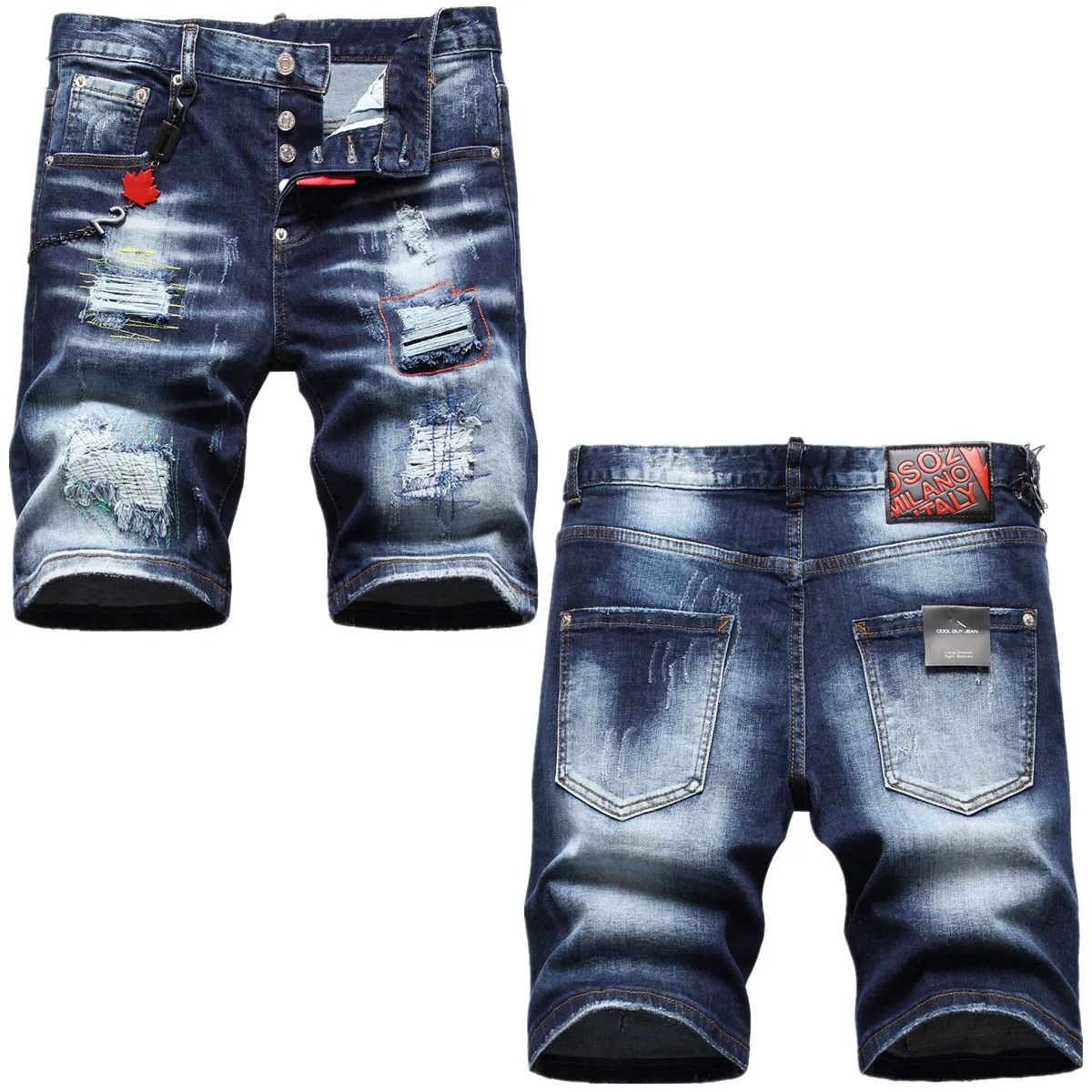 Fashion five cent shorts Color embroidered mess thread ripped patch lanyard decorated denim trousers men