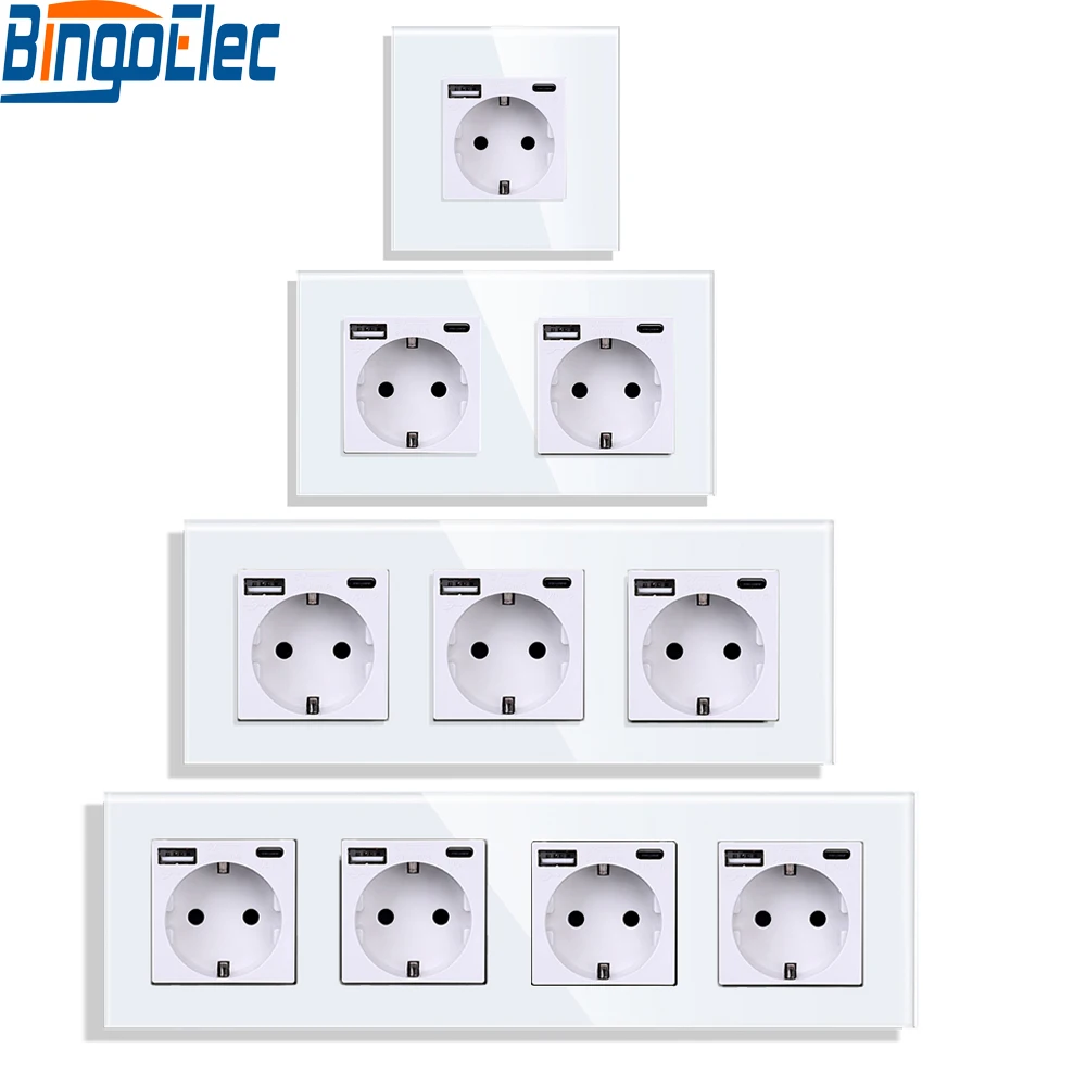 Bingoelec-tomada Usb Única Preta Vidro Cristal Tipo-c Tomada Dupla Tomadas de Parede Triplas Tomadas Quádruplas Padrão da ue