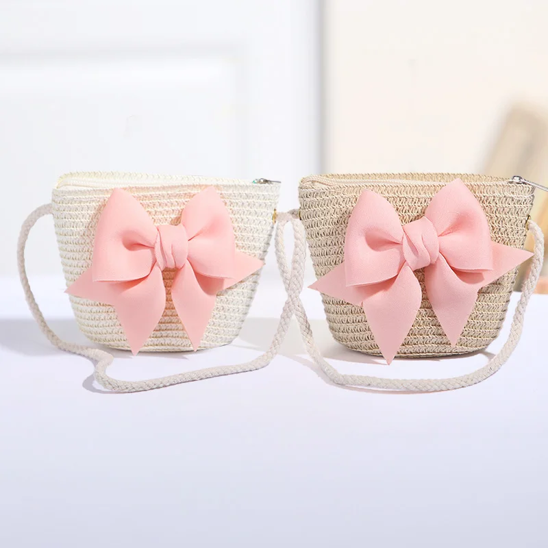 New Pink Bow Girl Bags Zipper Woven Straw Kids Princess Messenger Bags Outdoor Travel Keys Candy Crossbody Bags 2