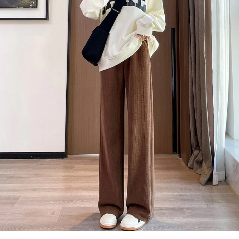 Women's Autumn Winter Elastic High Waisted Solid Shirring Screw Thread Flocked Loose Casual Wide Leg Trousers Fashion Pants flocked letter print jeans trendy high street casual elastic waist straight leg pants harajuku style fashion men women trousers