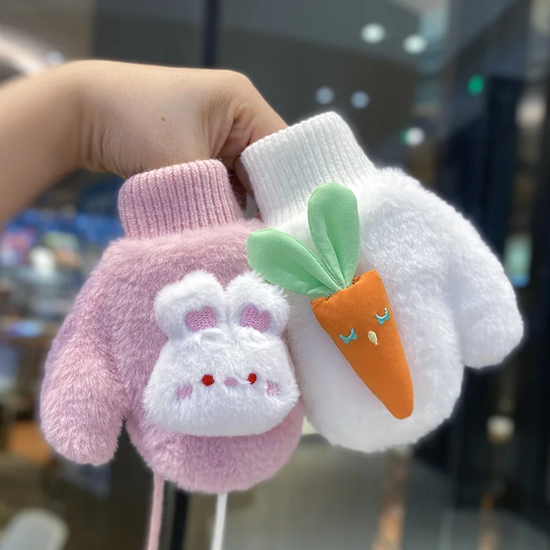3 Colors Girls Warm Plush Thick Baby Gloves Winter Plus Coral Fleece Full Finger Gloves Cartoon Bunny Gloves for Kids 1-4Y 4