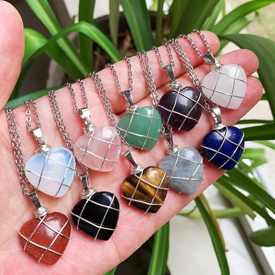 Heart Shaped Natural Crystal Stone Pendant Necklace Silver Color