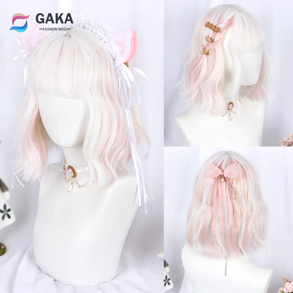 GAKA Ombre White Pink Short Wavy Curly Wigs with Bangs Synthetic Lolita Women Cosplay Hair Wig for Daily Party