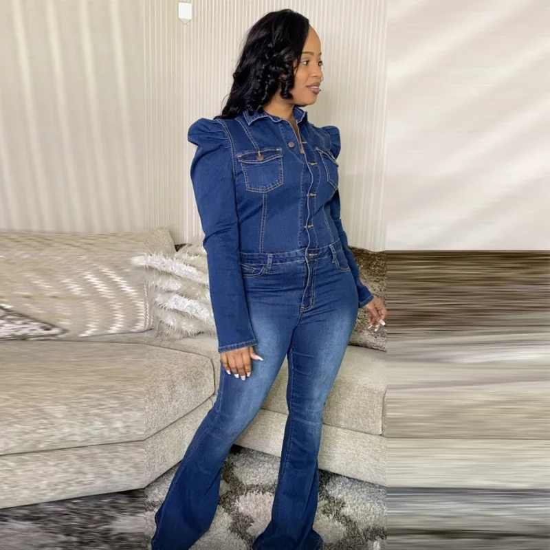 Plus Size Women Jean Jumpsuits Solid V Neck Button One Piece Outfit Autumn Fashion Denim Jumpsuit Female 2023 Spring Flare Pants