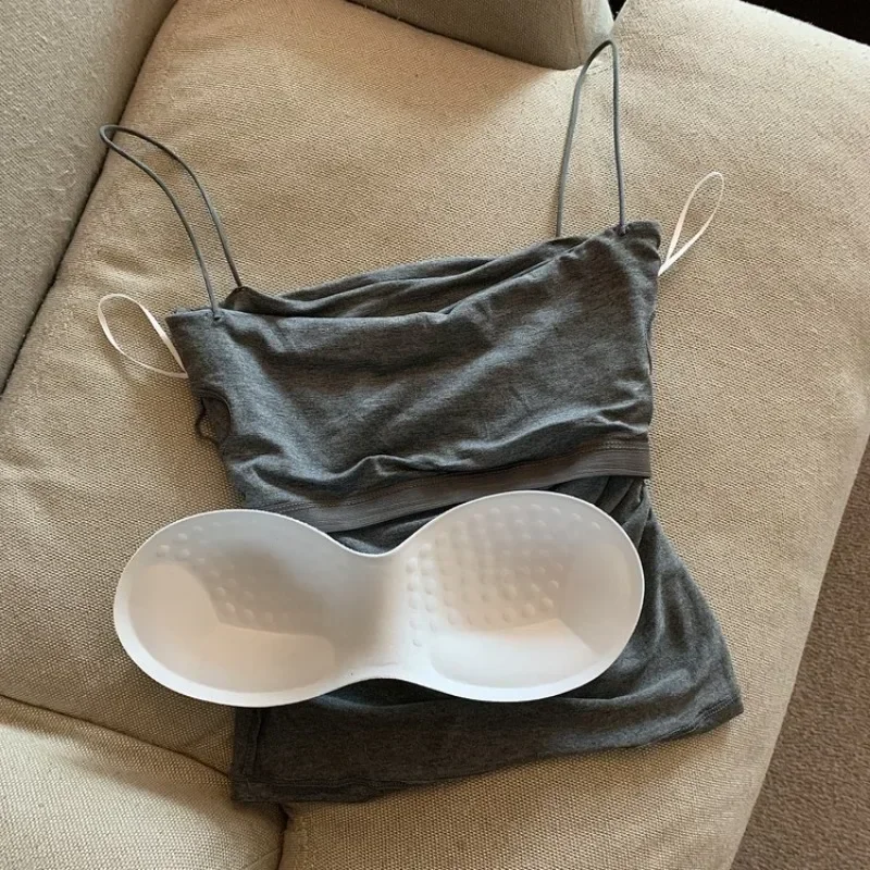 Spaghetti Strap Tanks Women Built In Bra Summer Camis Casual Tops Solid Color Female Korean Style