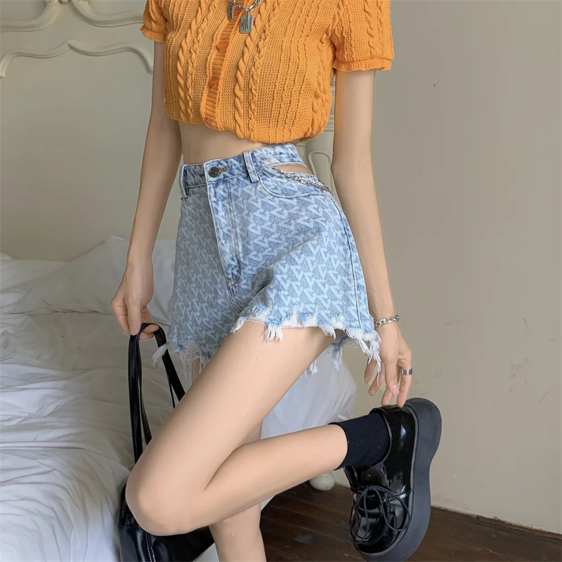 Korean Sexy Denim Straight Shorts Women Streetwear Hollow Out High Waist Wide Leg Short Summer Jeans Casual Harajuku Bottoms shorts women