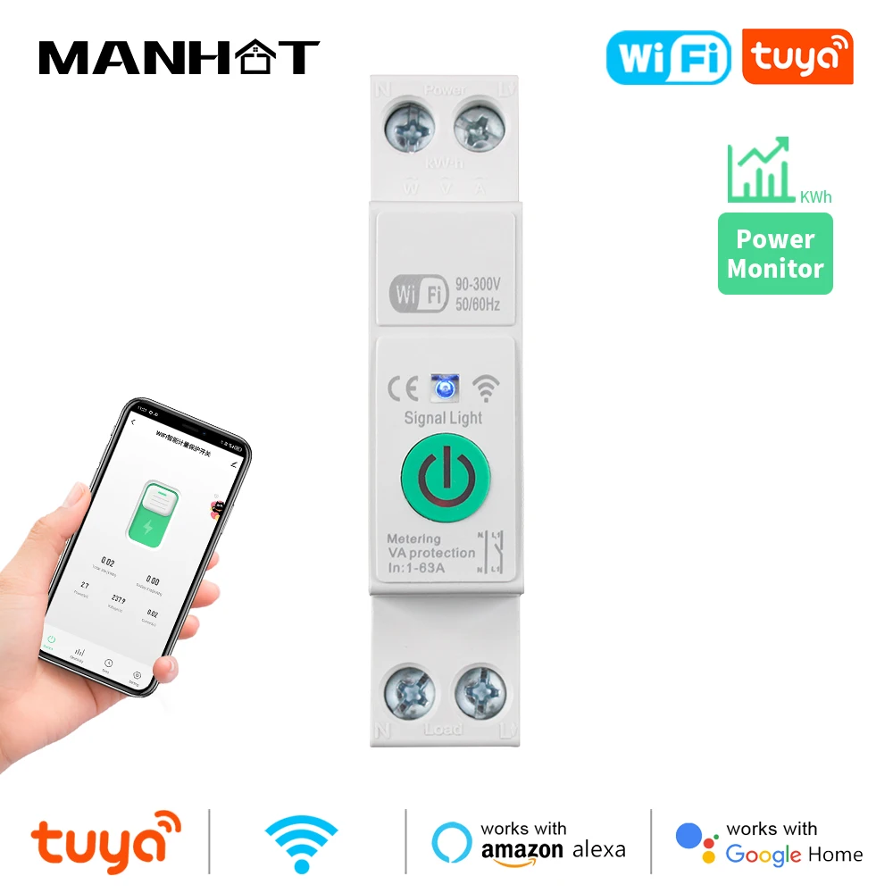 Manhot Tuya 1P+N 63A WiFi Smart Circuit Breaker With Energy Monitoring Voltage Current Protection Switch For Alexa Google Home